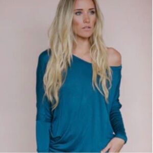 Three Bird Nest Teal Off-Shoulder Long Sleeve Top